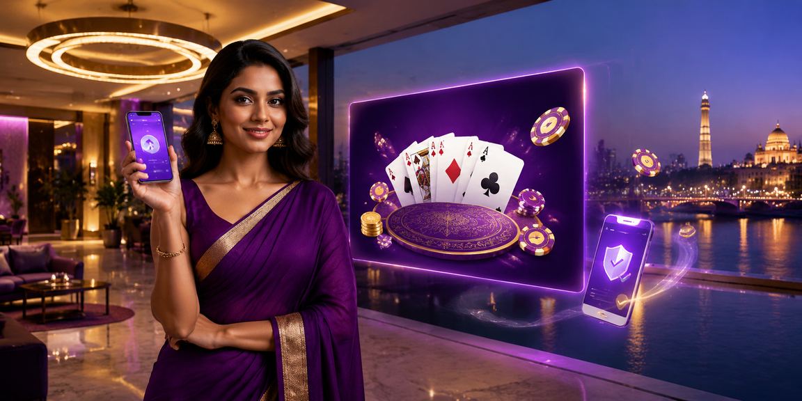 Young Indian woman playing Teen Patti on mobile in neon ambiance